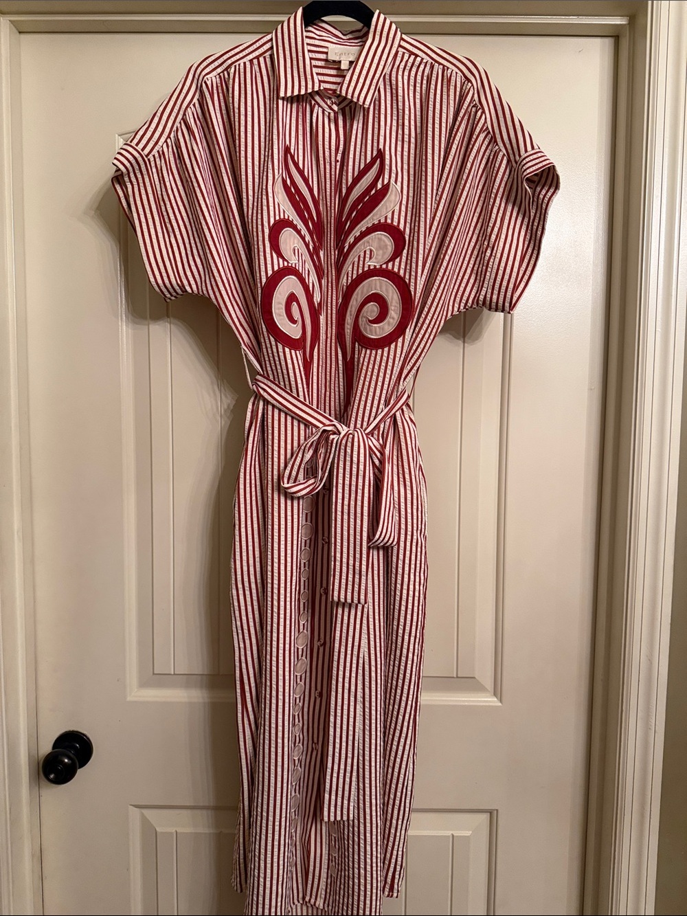 Women’s Entro Striped Red Shirt Dress with Embroidered Detail, size M